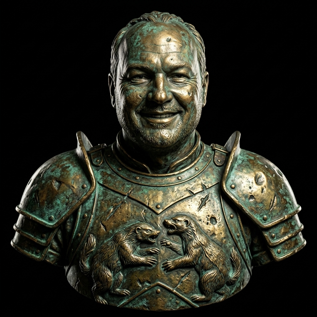 Example bronze bust with battle armour, honey badger motifs, and green-and-gold patina on a black background.